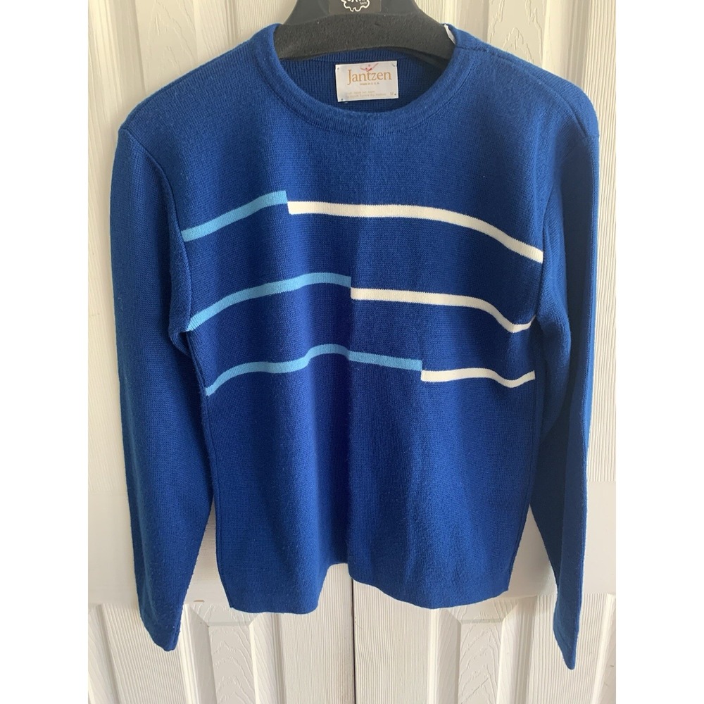 Men's M Vintage Jantzen Blue White Striped Pullover Sweater Made USA